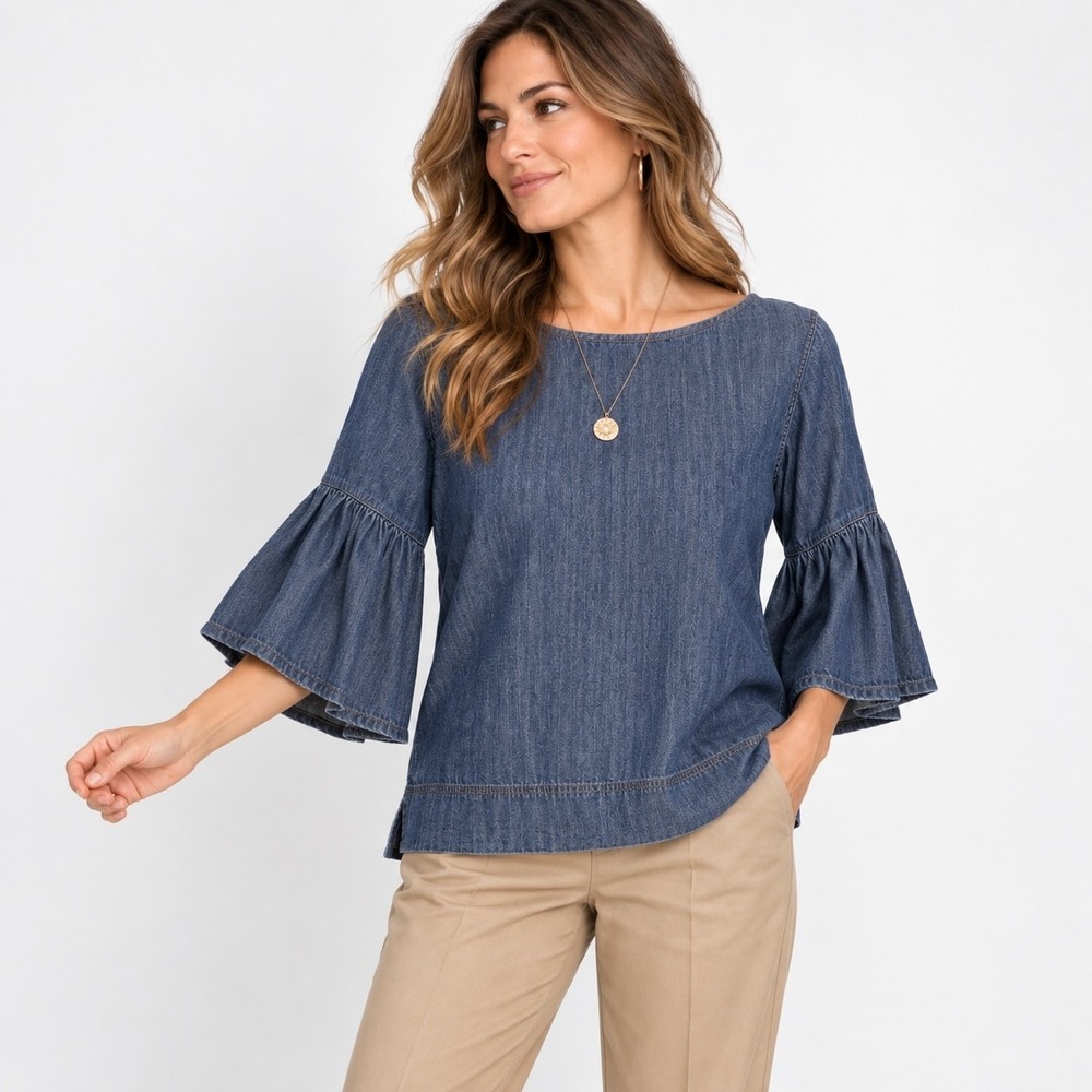 Lauren Ralph Lauren Bell Sleeve Denim Chambray Top Womens S Blue Boho Cotton